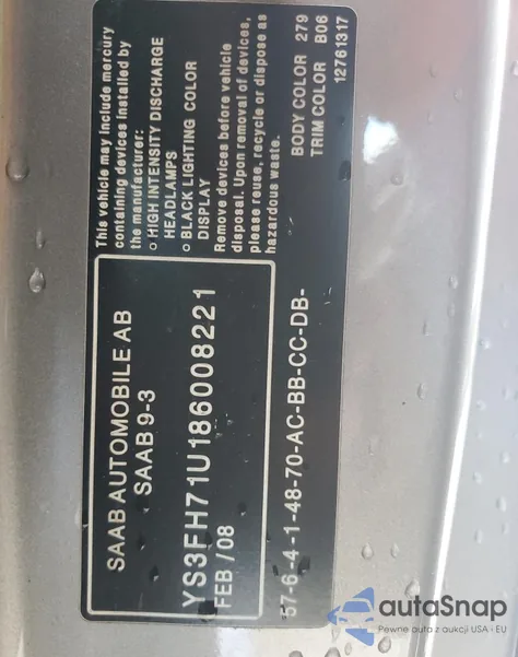 2008 Saab 9-3 Aero from USA, damaged, VIN YS3FH71U186008221